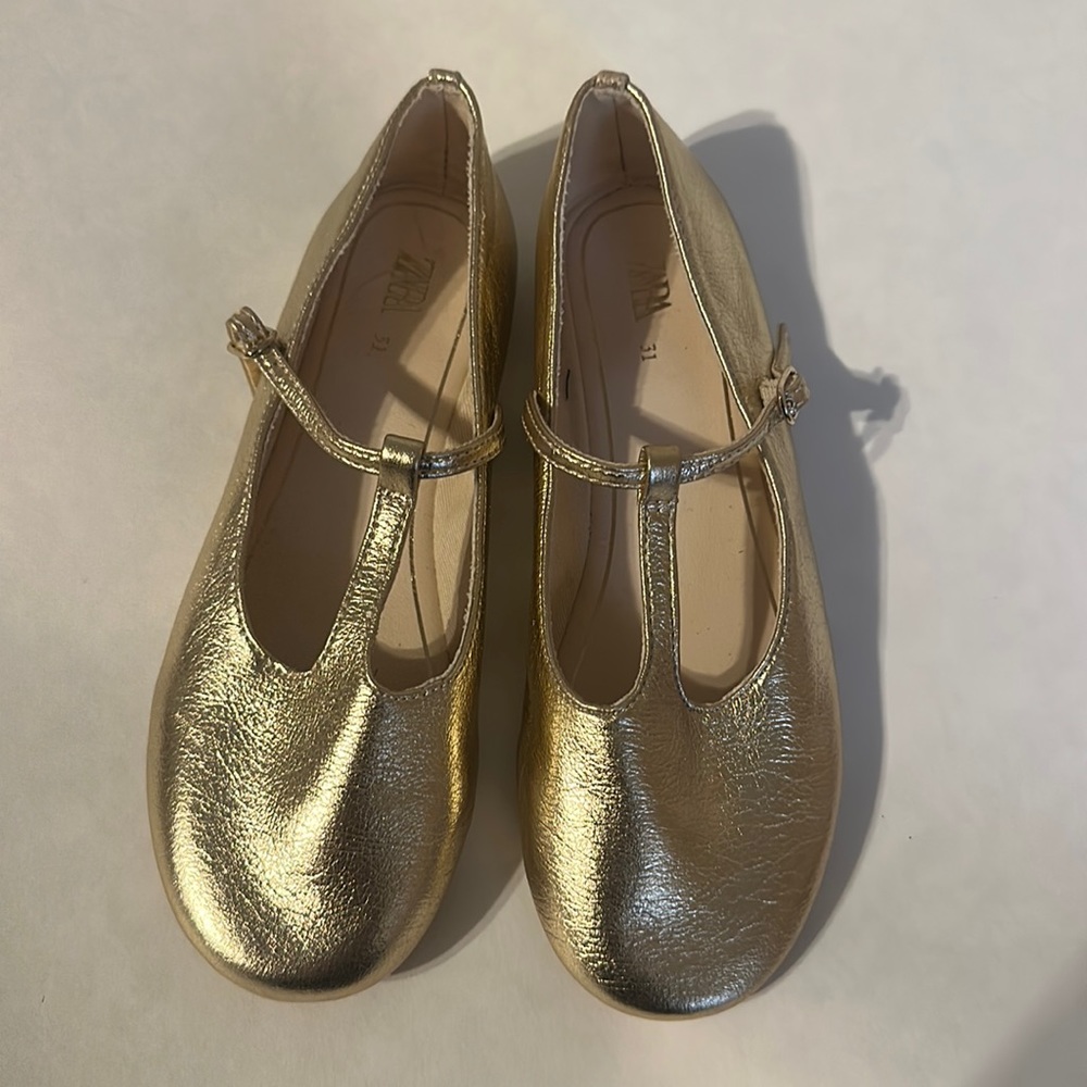 Zara Girls Gold Metallic T strap flats